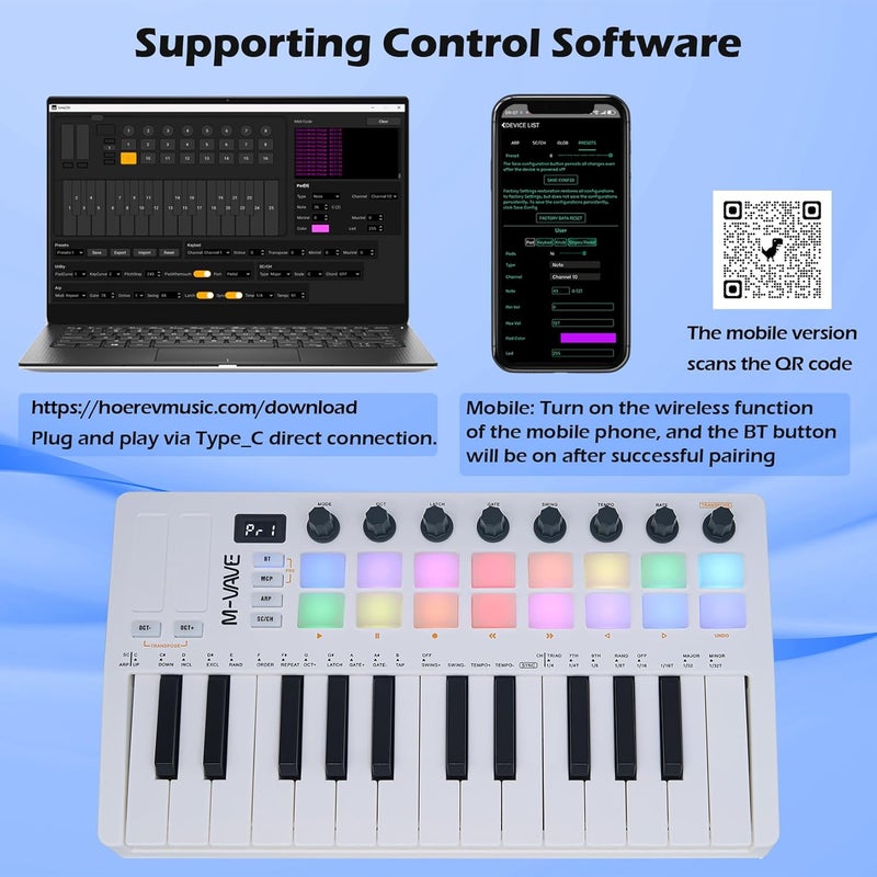 M-VAVE 25 مفتاح 16 وسادة درام مضاءة MIDI لوحة مفاتيح – صانع إيقاعات محترف و Keytar لإنتاج الموسيقى على لوحة المفاتيح مع بطارية مدمجة اتصال لاسلكي أبيض - Image 3